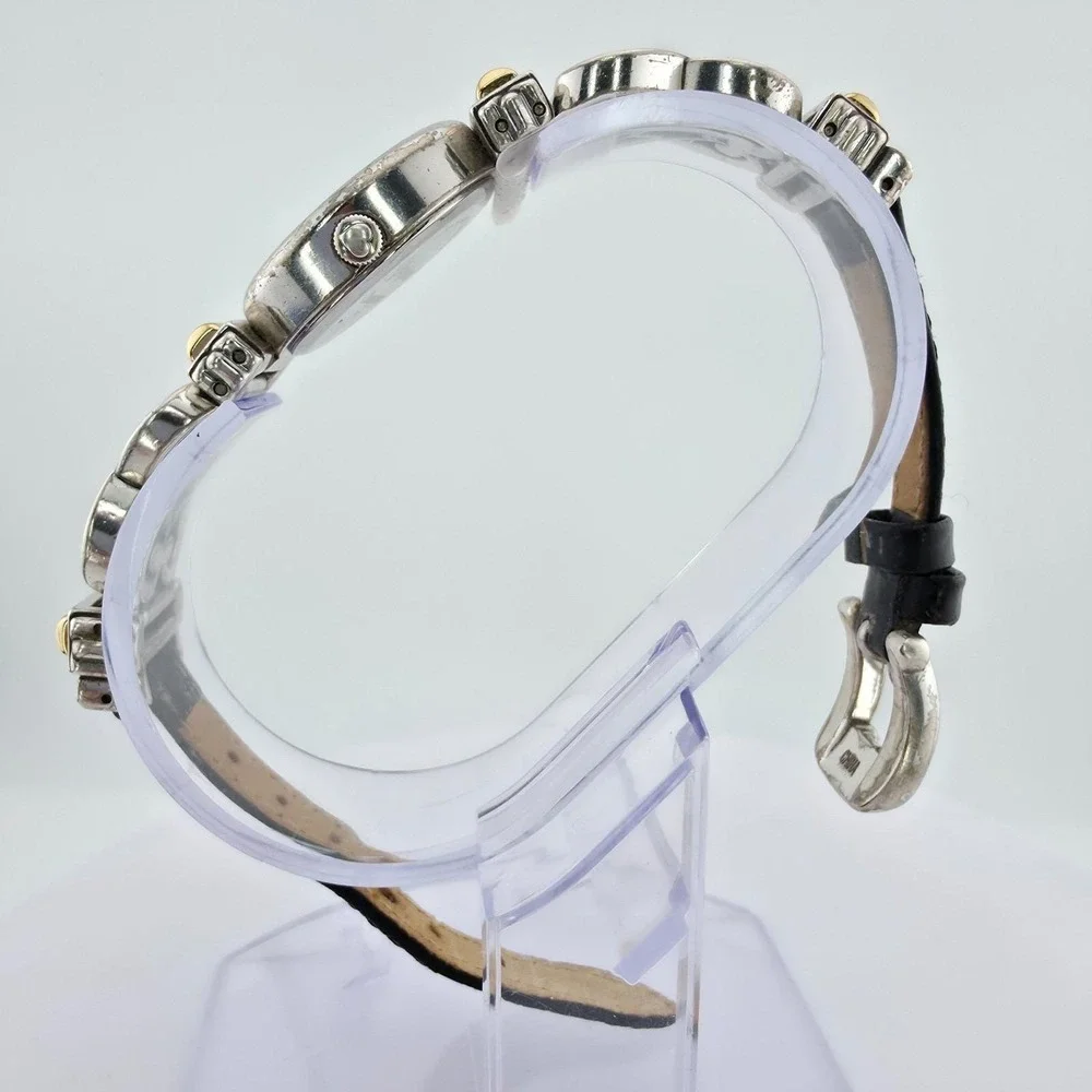 BRIGHTON 'Champagne' Watch Black Leather Band Scrollwork Gold Silver Plate 7.25